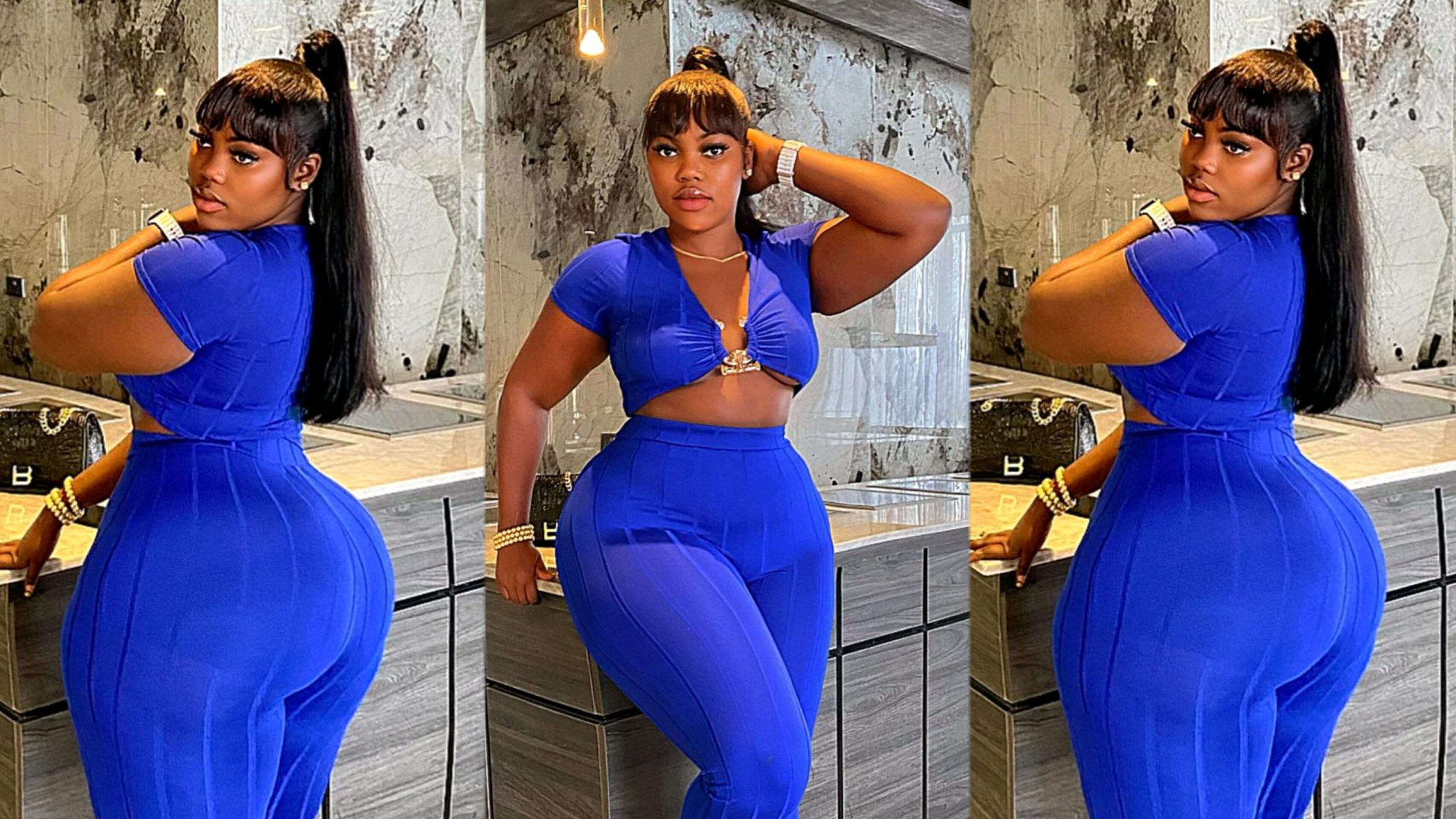 Beauty in every curve:”enchanting chocolate beauty flex her mouth watering bumper in mesmerizing blue leggings”