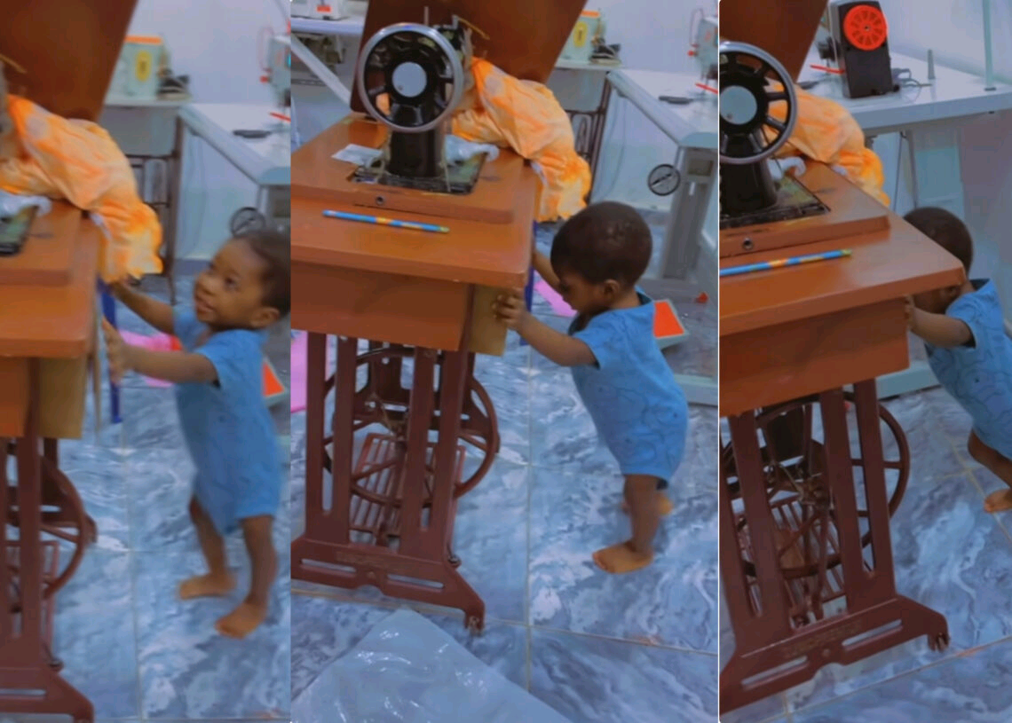 Nigerian Mother Surprised as her  Son Pushes Heavy Sewing Machine with no stress 